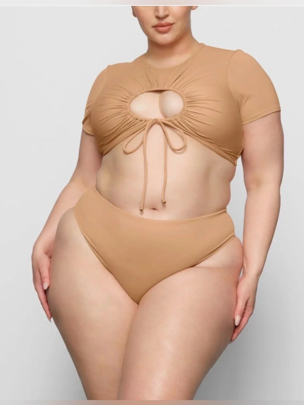 SKIMS SWIM RUCHED T-SHIRT and LOW RISE TIE BIKINI BOTTOM in Ochre